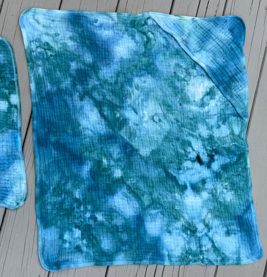 Baby Towel/Blanket: Blue/Green Hooded Muslin Baby Towel/Blanket