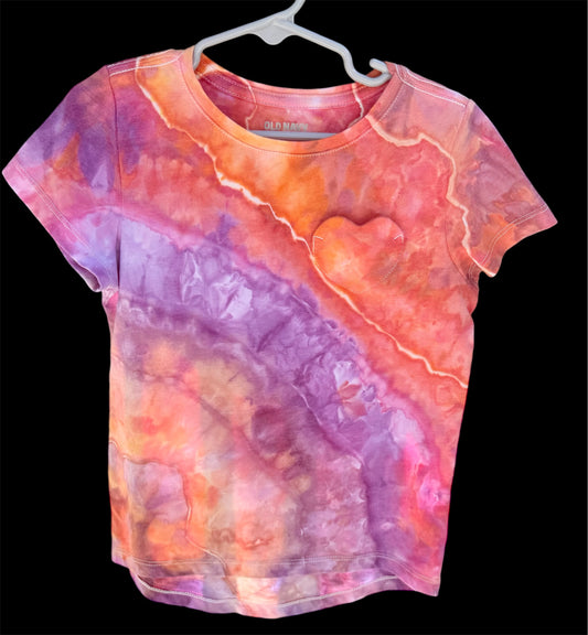 Girl's Pink/Purple/Orange Watercolor S (6/7) Heart Pocket T-Shirt